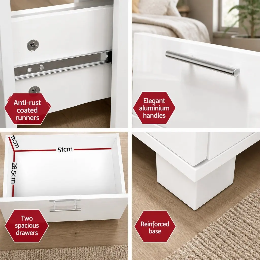 Bedside Table White High Gloss 59cm MDF and Particle Board 2 Drawers Modern Storage Cabinet