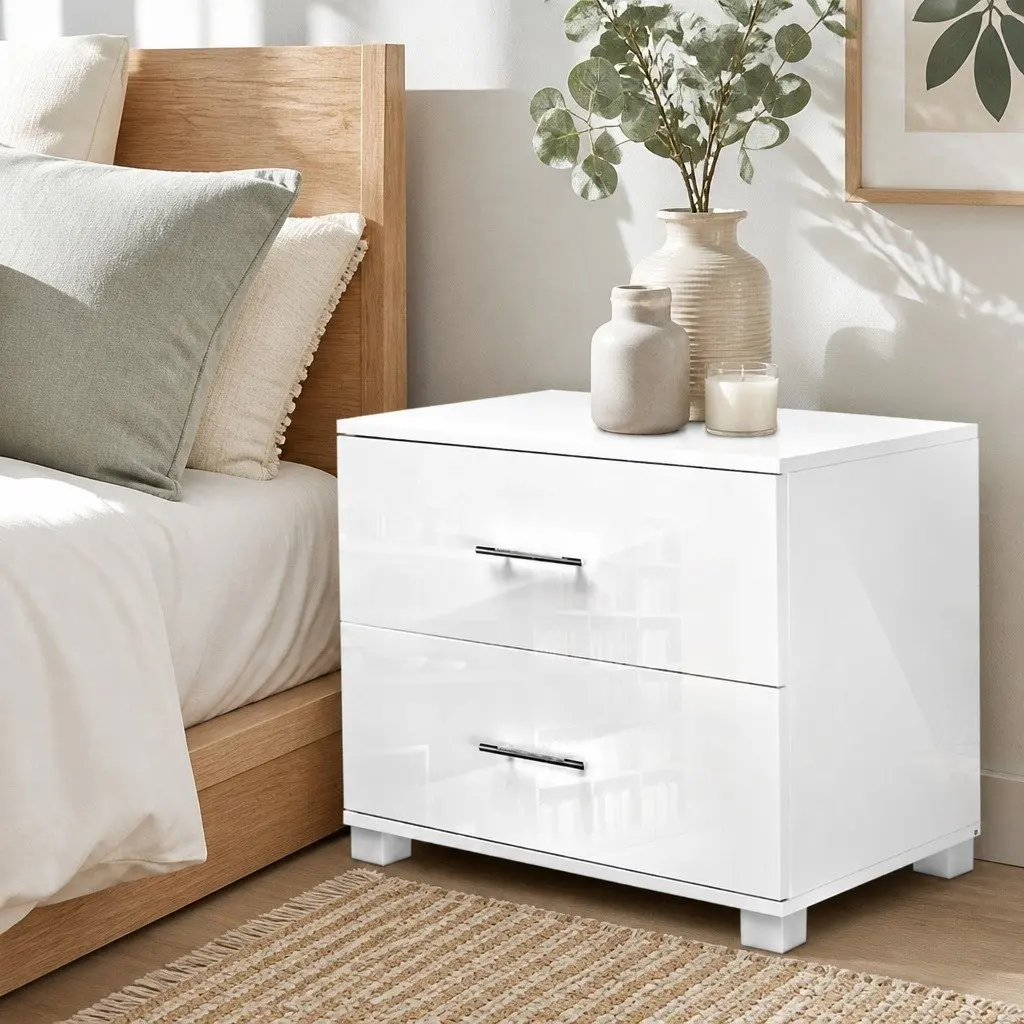 Bedside Table White High Gloss 59cm MDF and Particle Board 2 Drawers Modern Storage Cabinet