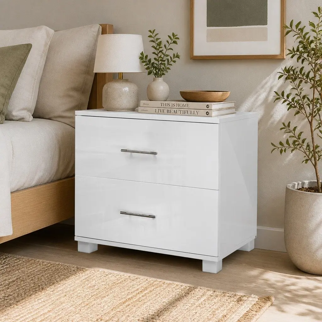 Bedside Table White High Gloss 59cm MDF and Particle Board 2 Drawers Modern Storage Cabinet