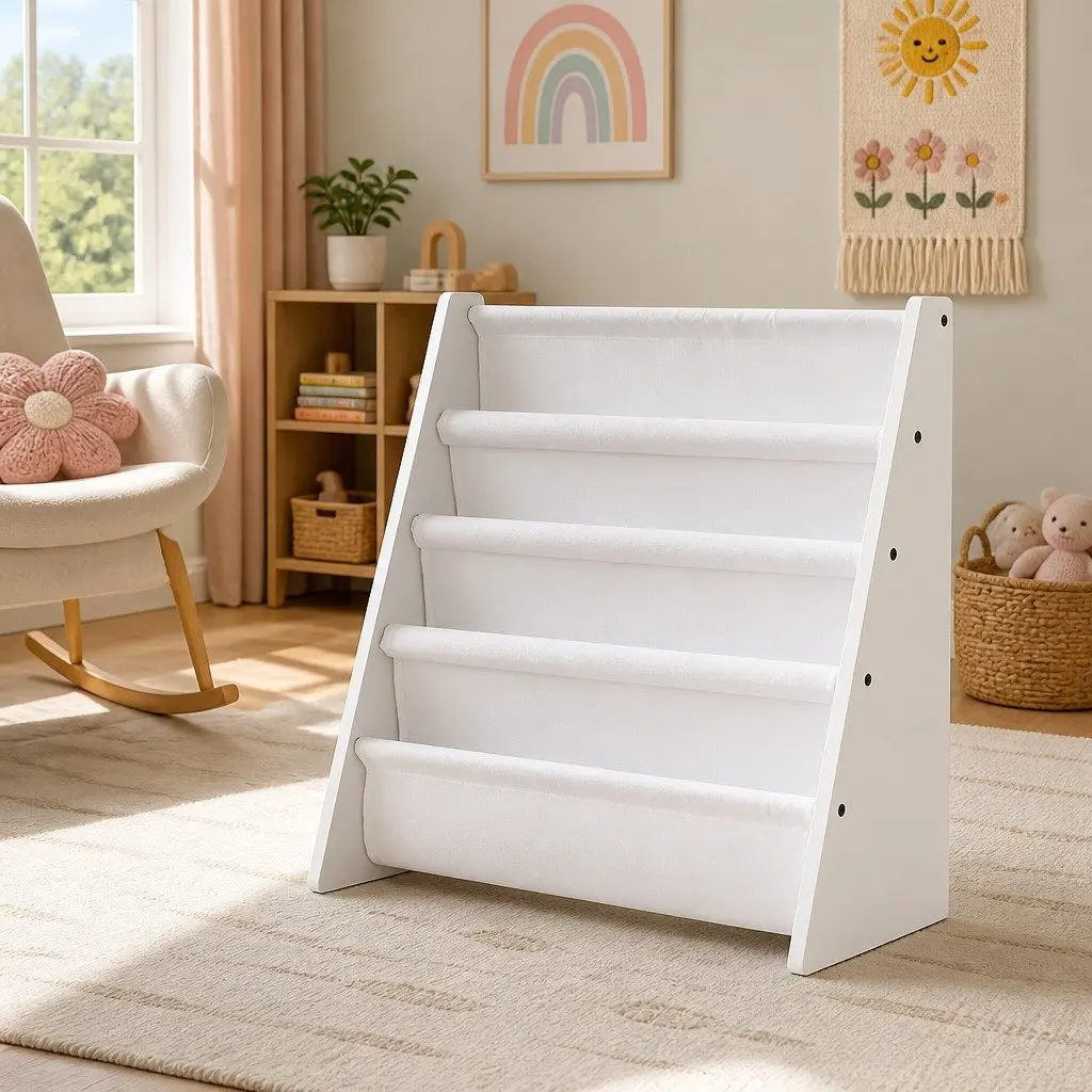 Kids Bookshelf 4 Tier White E1 MDF Organiser Rack Storage for Playroom Children Bookcase