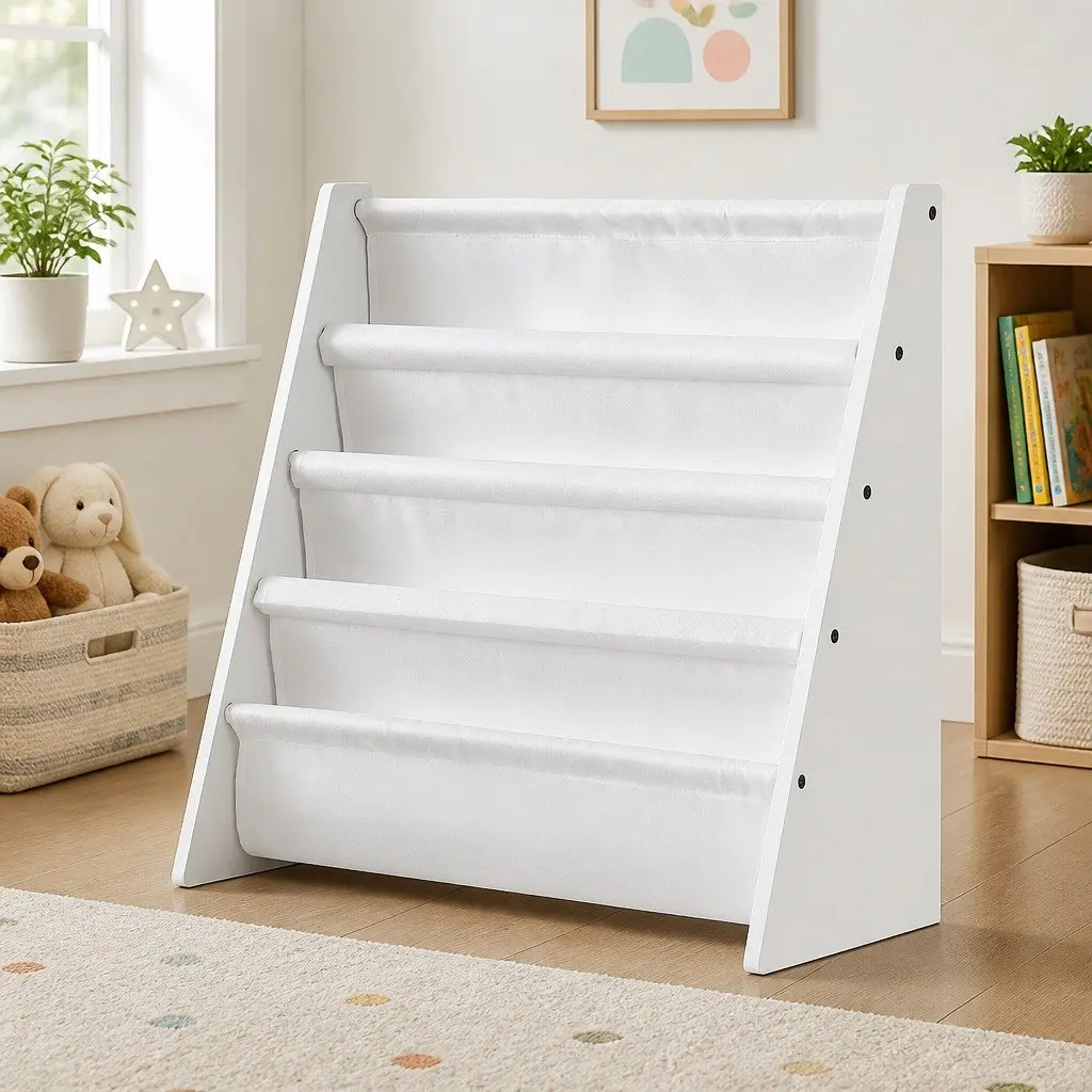 Kids Bookshelf 4 Tier White E1 MDF Organiser Rack Storage for Playroom Children Bookcase