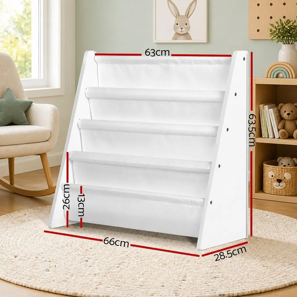 Kids Bookshelf 4 Tier White E1 MDF Organiser Rack Storage for Playroom Children Bookcase
