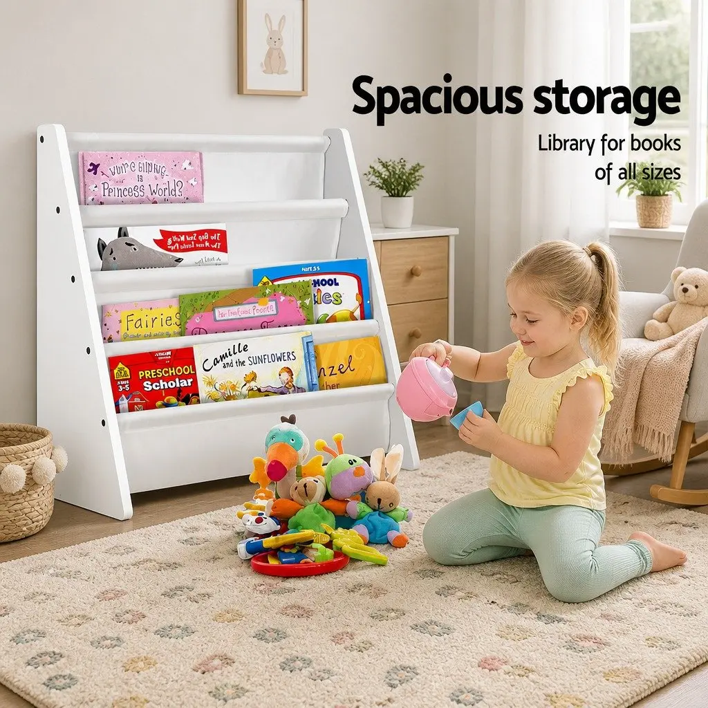 Kids Bookshelf 4 Tier White E1 MDF Organiser Rack Storage for Playroom Children Bookcase