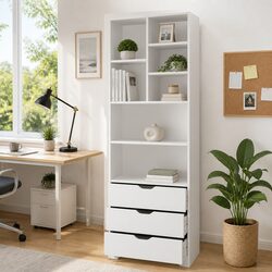 Charming White Display Bookshelf with Drawers
