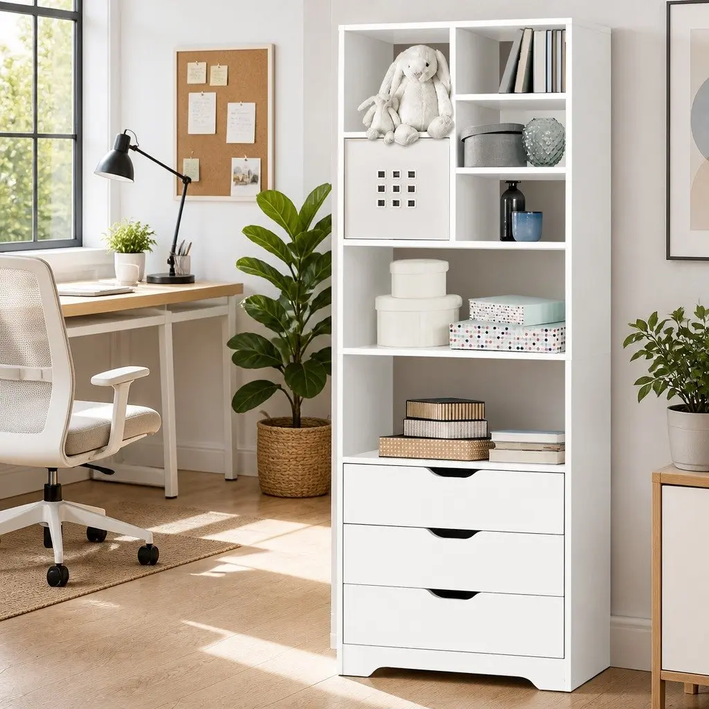 Display Bookshelf with Drawers White 7 Shelves 3 Drawer Storage Cabinet