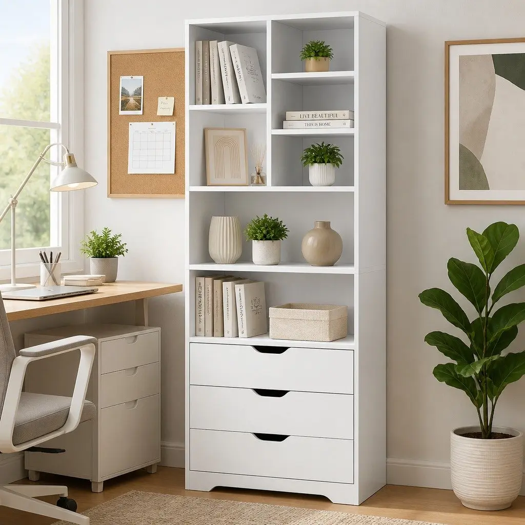 Display Bookshelf with Drawers White 7 Shelves 3 Drawer Storage Cabinet