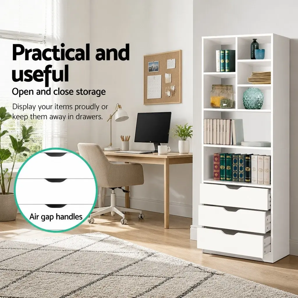 Display Bookshelf with Drawers White 7 Shelves 3 Drawer Storage Cabinet