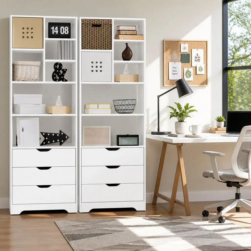 Display Bookshelf with Drawers White 7 Shelves 3 Drawer Storage Cabinet