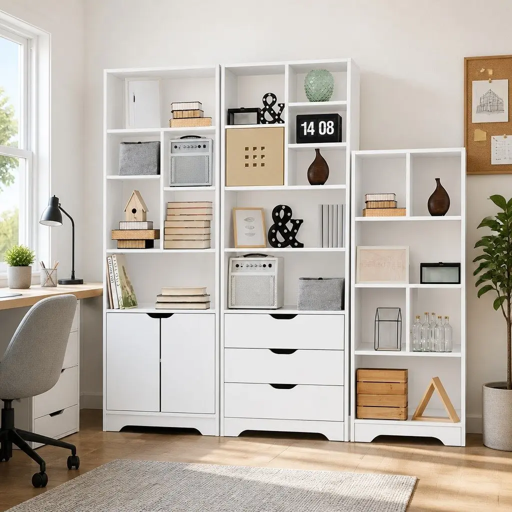 Display Bookshelf with Drawers White 7 Shelves 3 Drawer Storage Cabinet