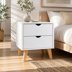 White Wooden Nightstand with Two Drawers