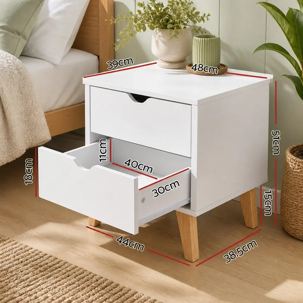 White 2 Drawer Bedside Table Wooden Nightstand Storage Cabinet