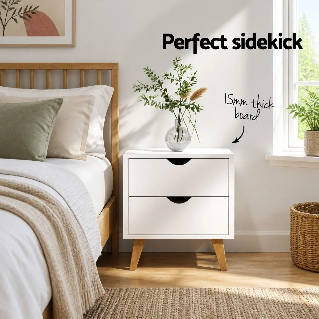 White 2 Drawer Bedside Table Wooden Nightstand Storage Cabinet