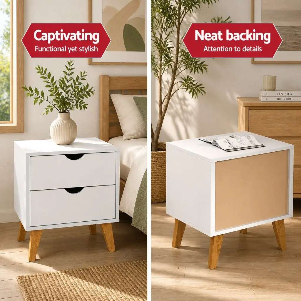 White 2 Drawer Bedside Table Wooden Nightstand Storage Cabinet