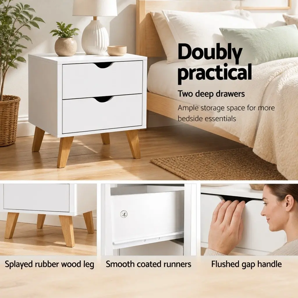 White 2 Drawer Bedside Table Wooden Nightstand Storage Cabinet
