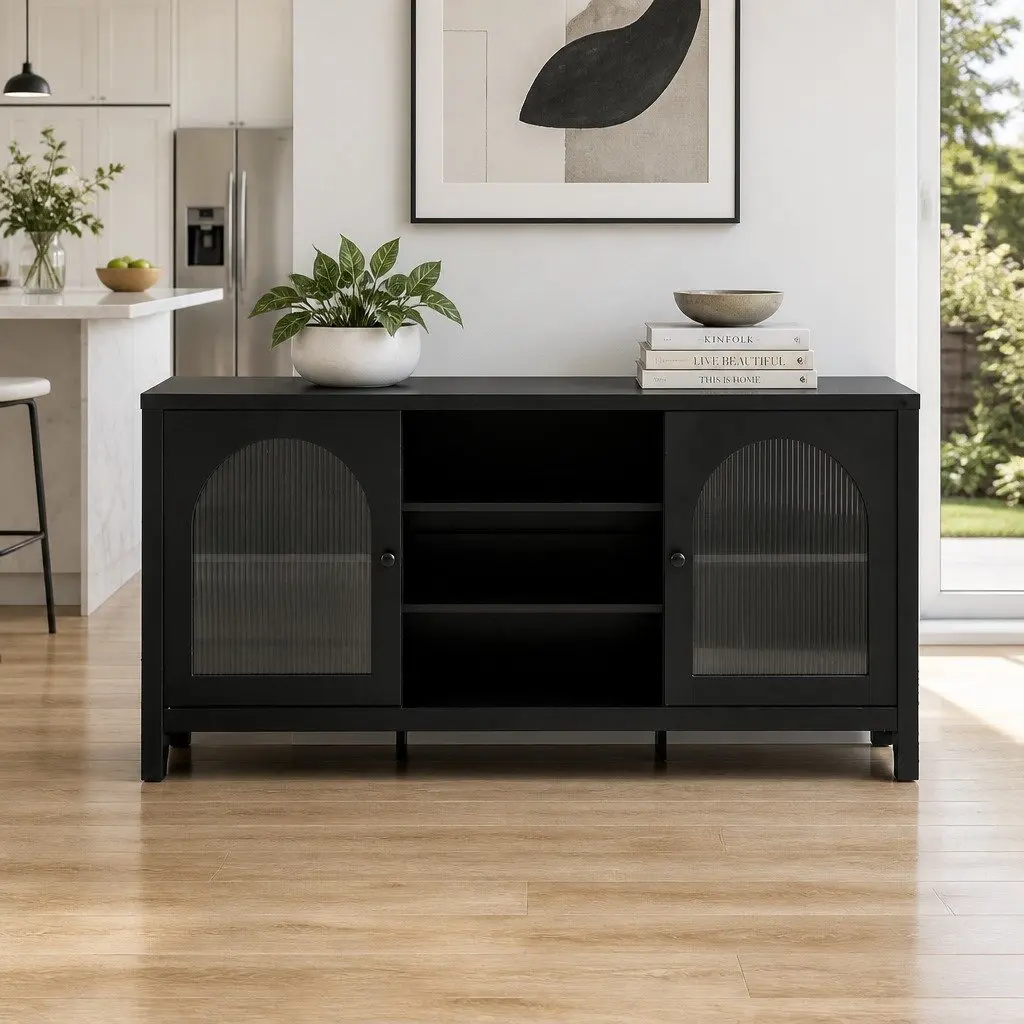 Buffet Sideboard Black Double Doors Adjustable Shelves Storage Cabinet MDF