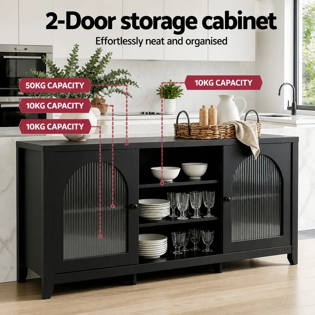 Buffet Sideboard Black Double Doors Adjustable Shelves Storage Cabinet MDF