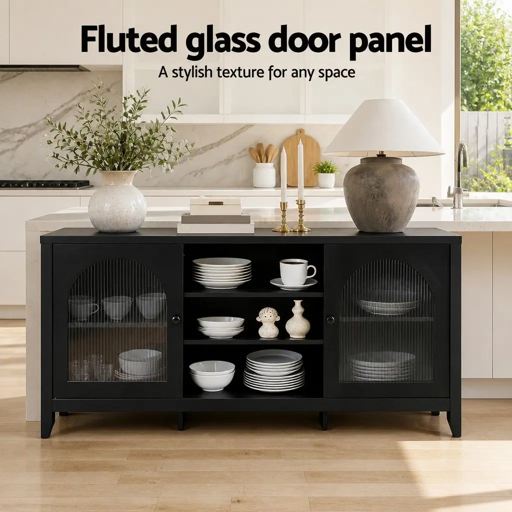 Buffet Sideboard Black Double Doors Adjustable Shelves Storage Cabinet MDF
