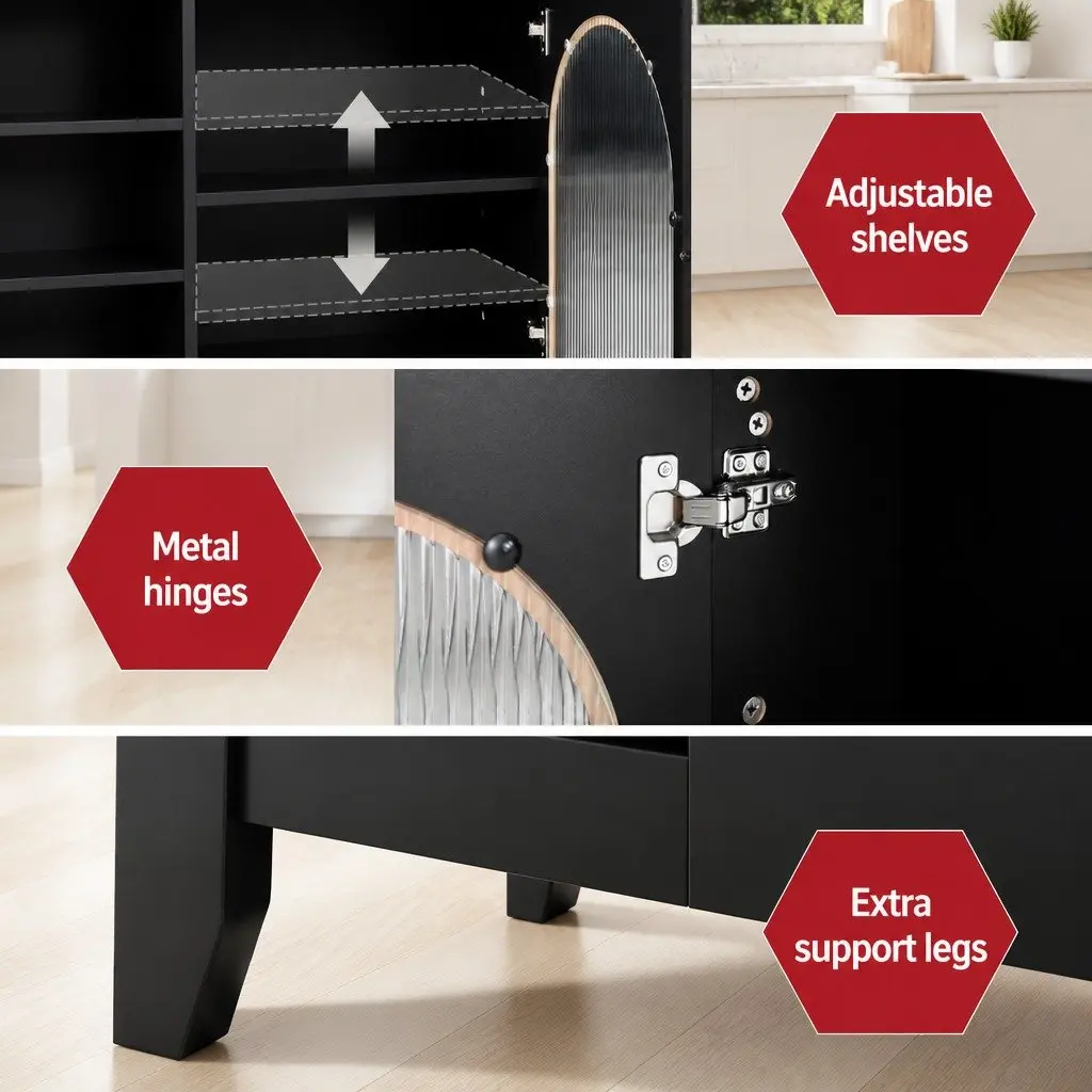 Buffet Sideboard Black Double Doors Adjustable Shelves Storage Cabinet MDF
