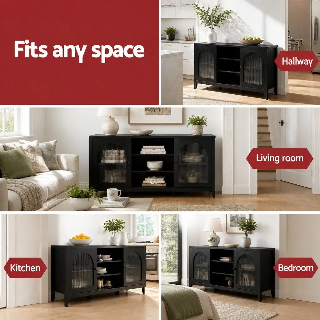 Buffet Sideboard Black Double Doors Adjustable Shelves Storage Cabinet MDF