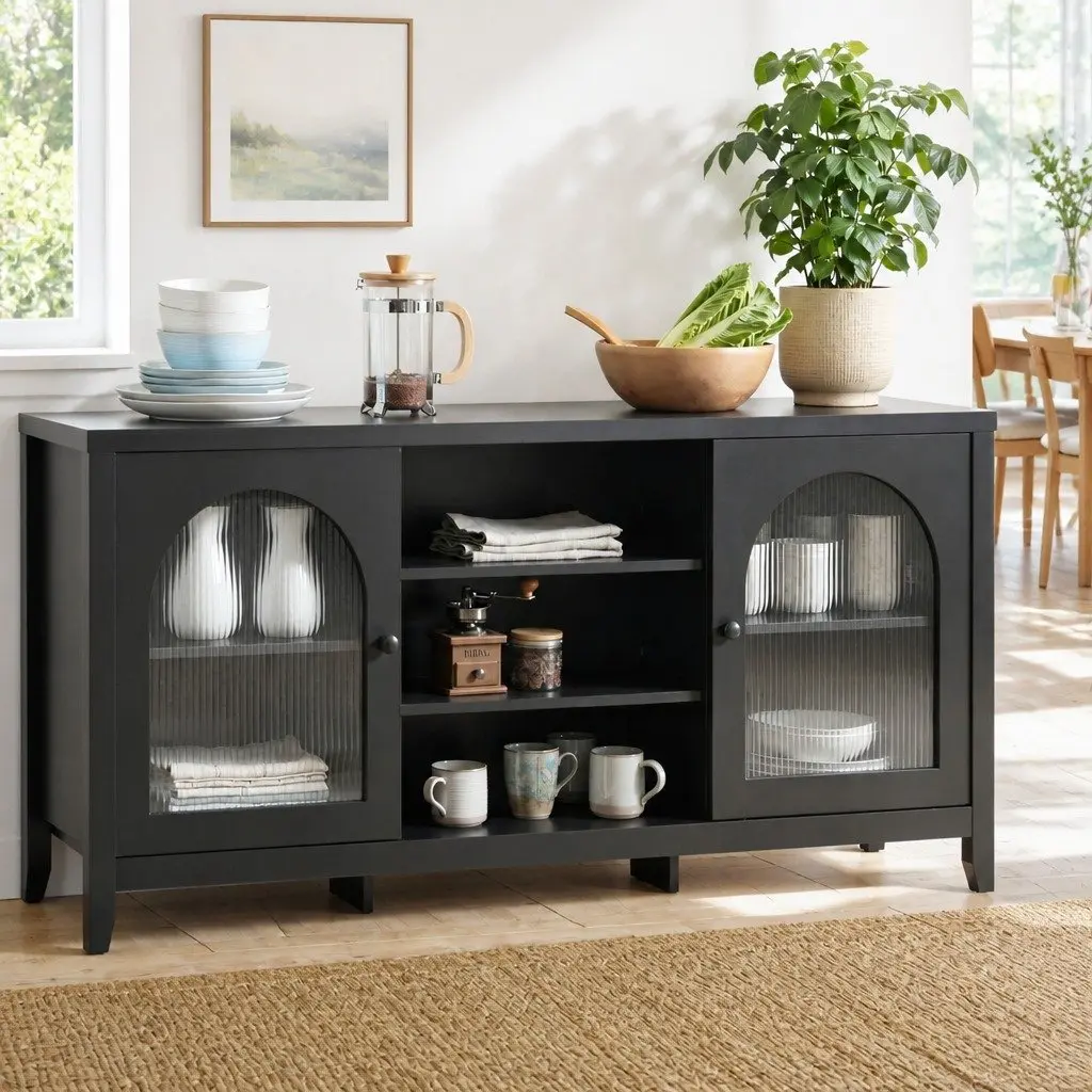 Buffet Sideboard Black Double Doors Adjustable Shelves Storage Cabinet MDF