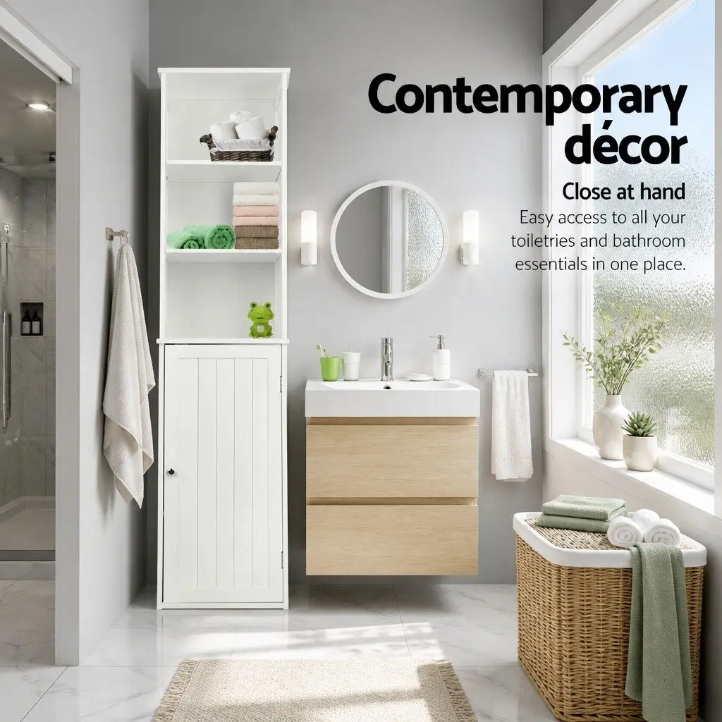 Tall Bathroom Cabinet Contemporary 160cm White E1 MDF Storage Unit
