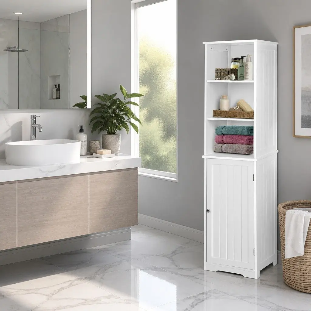 Tall Bathroom Cabinet Contemporary 160cm White E1 MDF Storage Unit