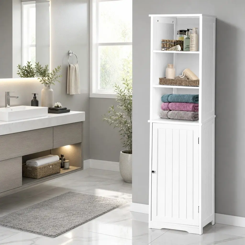 Tall Bathroom Cabinet Contemporary 160cm White E1 MDF Storage Unit
