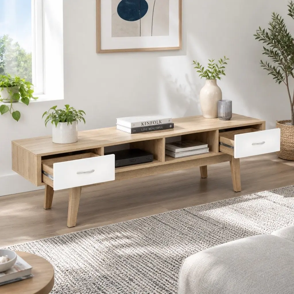TV Unit Two-Tone Oak White 180cm Particle Board Living Room Storage