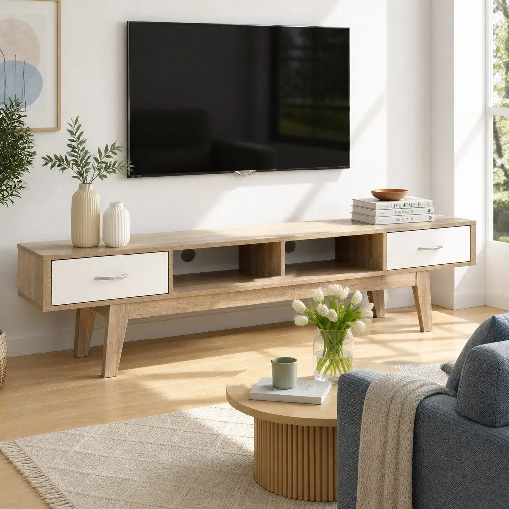 TV Unit Two-Tone Oak White 180cm Particle Board Living Room Storage