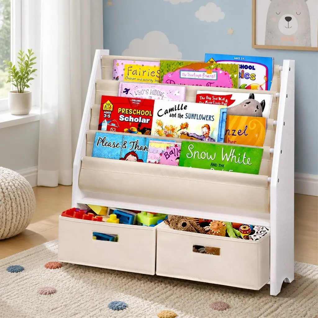 Kids Bookshelf 4 Tier Storage Organiser Bookcase with Drawers White or Natural E1 MDF Board