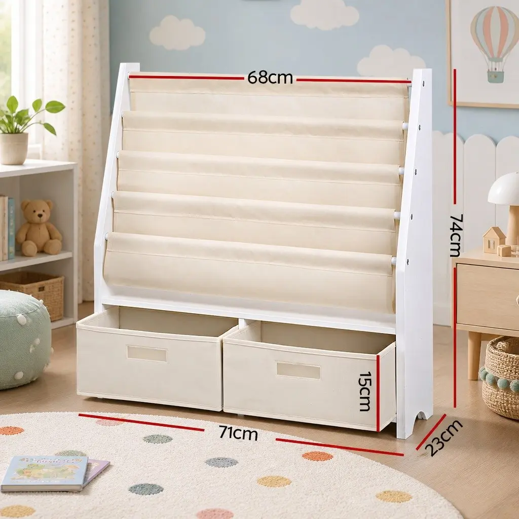 Kids Bookshelf 4 Tier Storage Organiser Bookcase with Drawers White or Natural E1 MDF Board