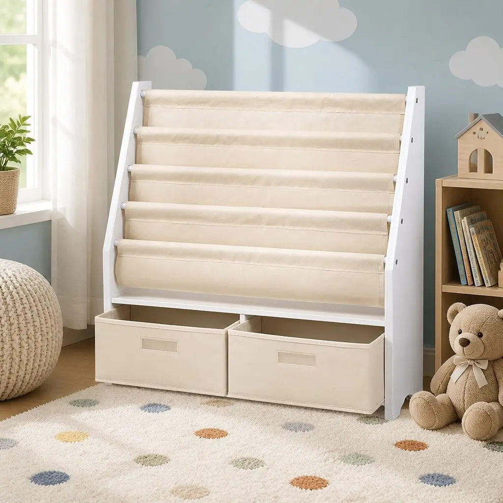 Kids Bookshelf 4 Tier Storage Organiser Bookcase with Drawers White or Natural E1 MDF Board