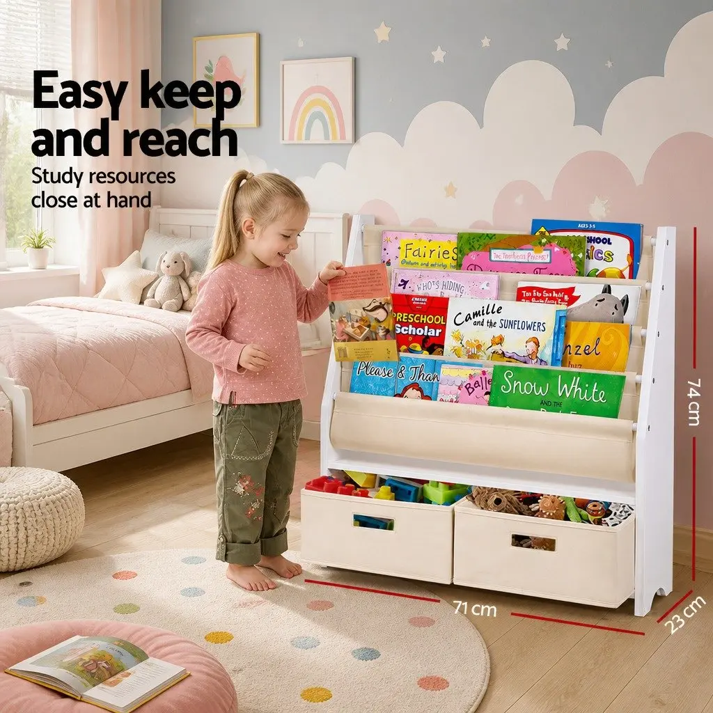 Kids Bookshelf 4 Tier Storage Organiser Bookcase with Drawers White or Natural E1 MDF Board
