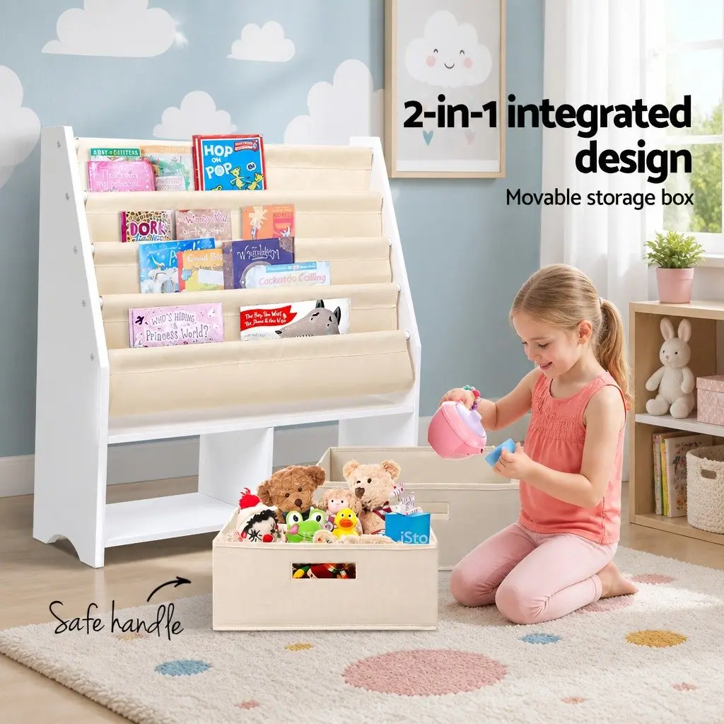 Kids Bookshelf 4 Tier Storage Organiser Bookcase with Drawers White or Natural E1 MDF Board
