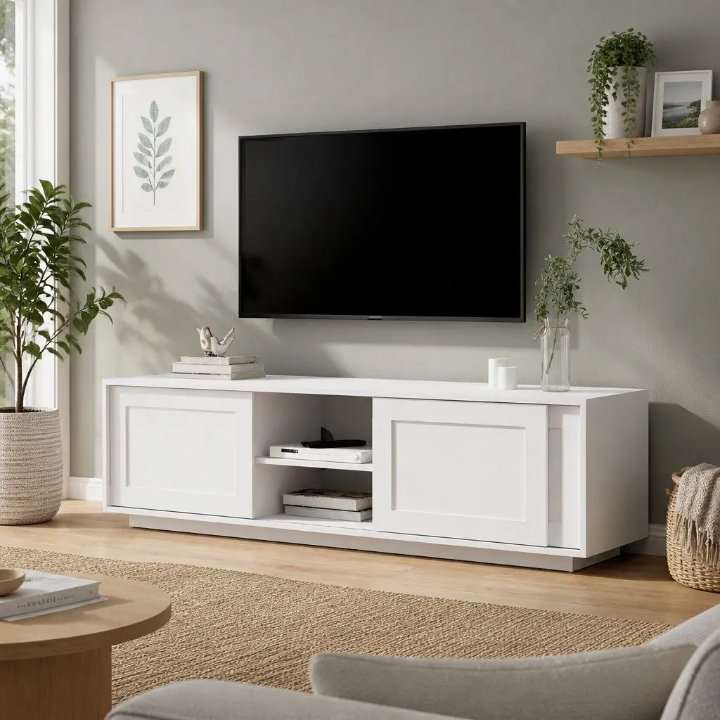 TV Unit Entertainment Storage Cabinet White 160cm Reinforced MDF with Steel Brackets