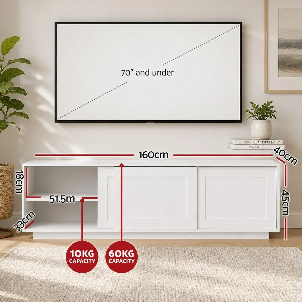 TV Unit Entertainment Storage Cabinet White 160cm Reinforced MDF with Steel Brackets