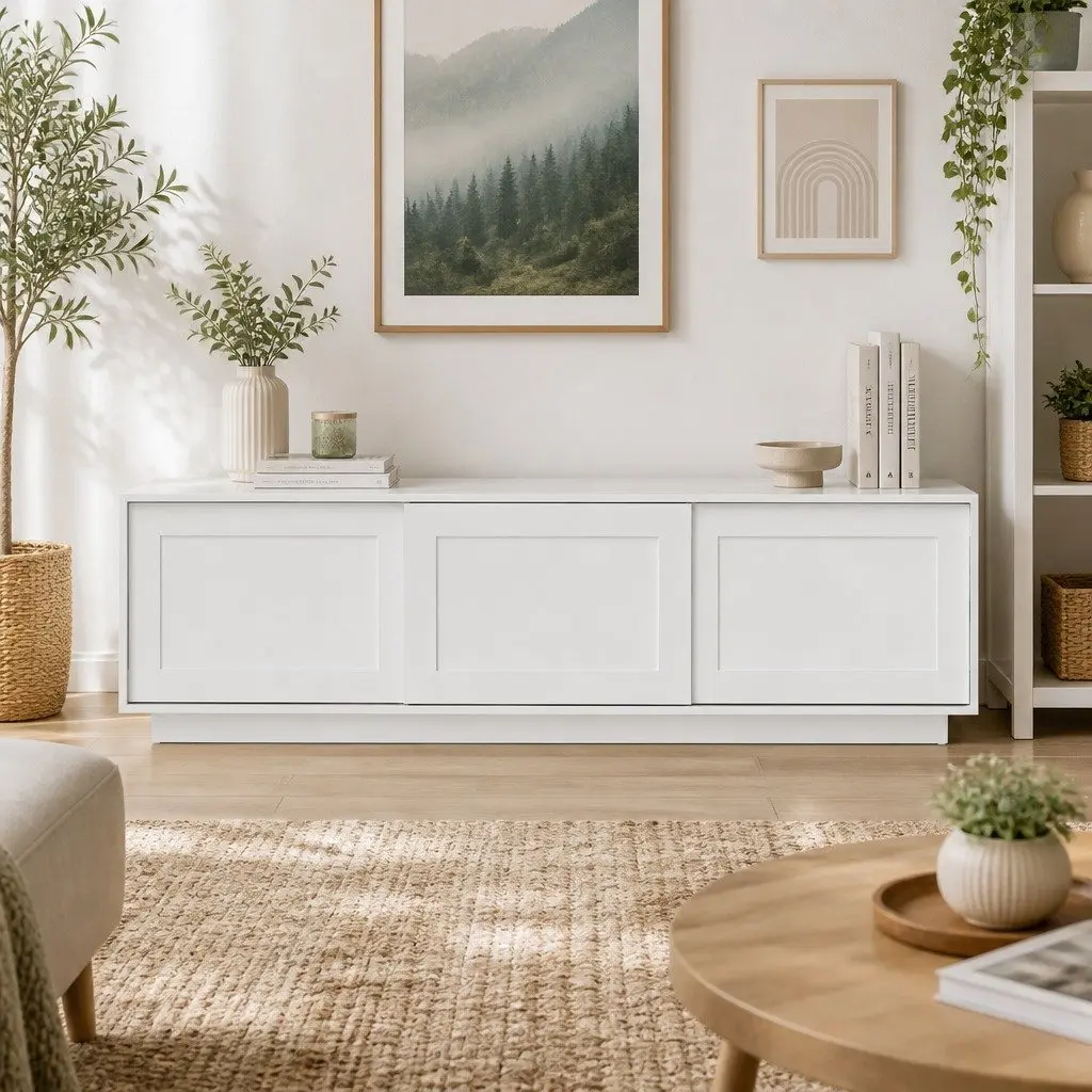 TV Unit Entertainment Storage Cabinet White 160cm Reinforced MDF with Steel Brackets