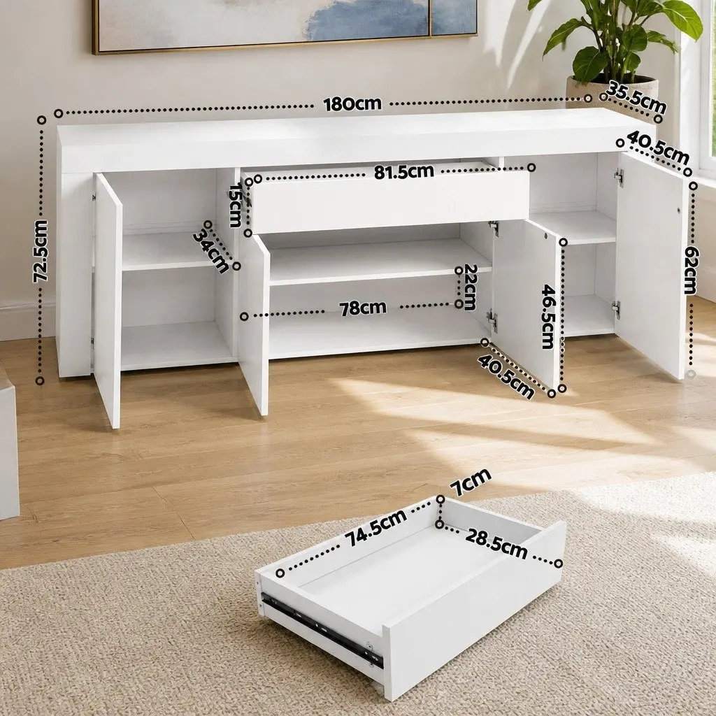 Buffet Sideboard Cabinet White 180cm Melamine Particle Board Storage Cupboard Pantry Drawer Push-Open