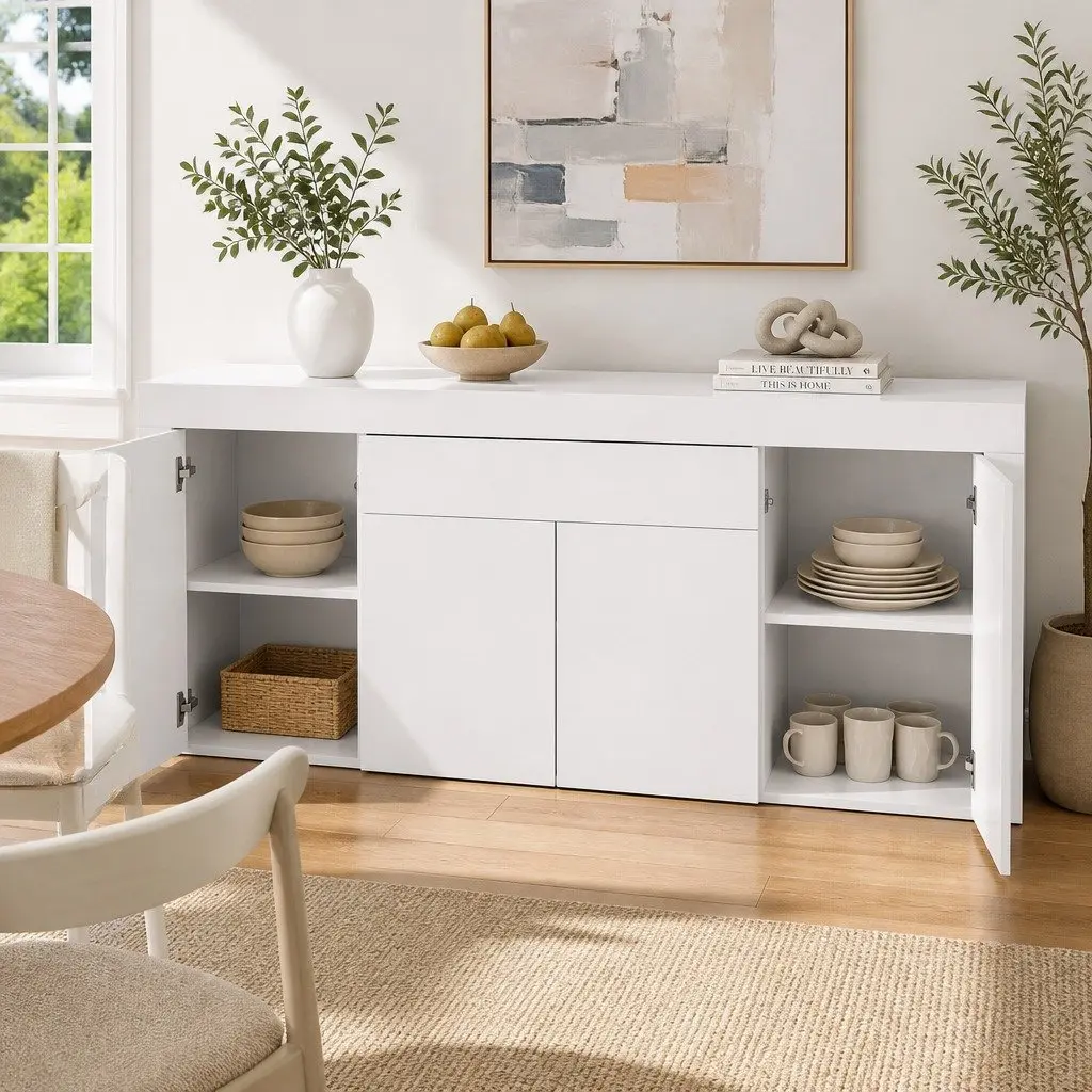 Buffet Sideboard Cabinet White 180cm Melamine Particle Board Storage Cupboard Pantry Drawer Push-Open