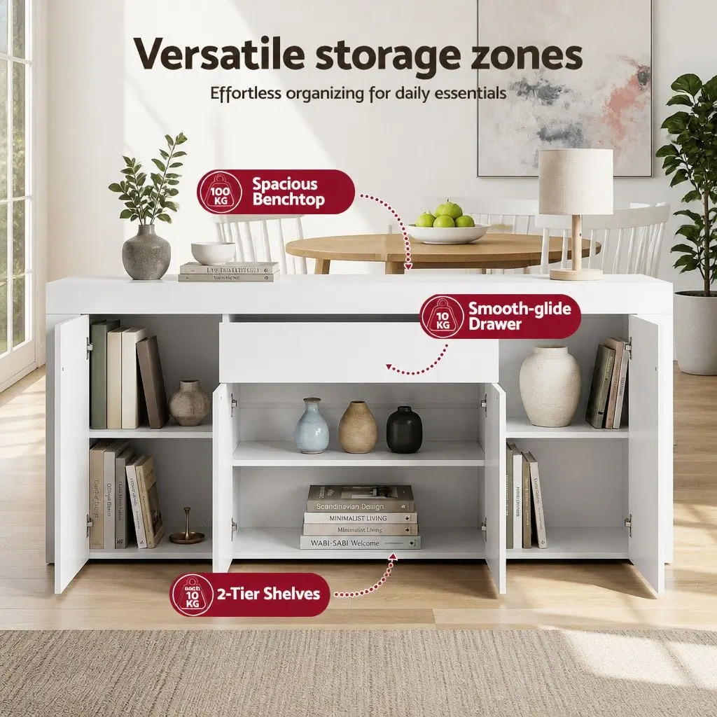 Buffet Sideboard Cabinet White 180cm Melamine Particle Board Storage Cupboard Pantry Drawer Push-Open