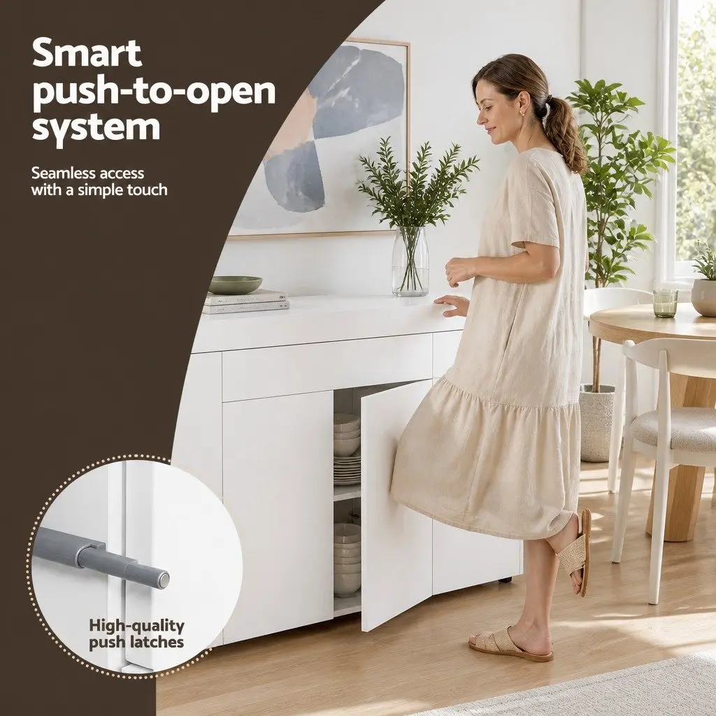 Buffet Sideboard Cabinet White 180cm Melamine Particle Board Storage Cupboard Pantry Drawer Push-Open