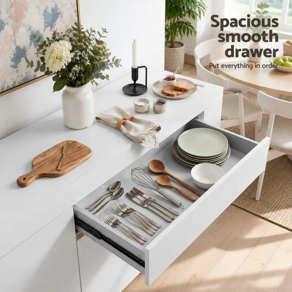 Buffet Sideboard Cabinet White 180cm Melamine Particle Board Storage Cupboard Pantry Drawer Push-Open