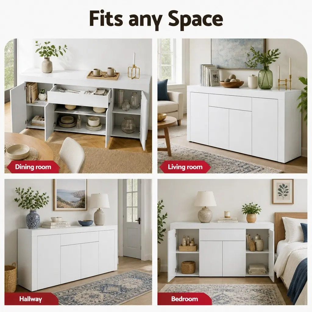 Buffet Sideboard Cabinet White 180cm Melamine Particle Board Storage Cupboard Pantry Drawer Push-Open
