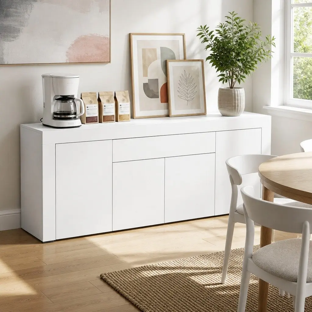 Buffet Sideboard Cabinet White 180cm Melamine Particle Board Storage Cupboard Pantry Drawer Push-Open