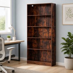 5-Tier Brown Bookshelf for Living Room Display