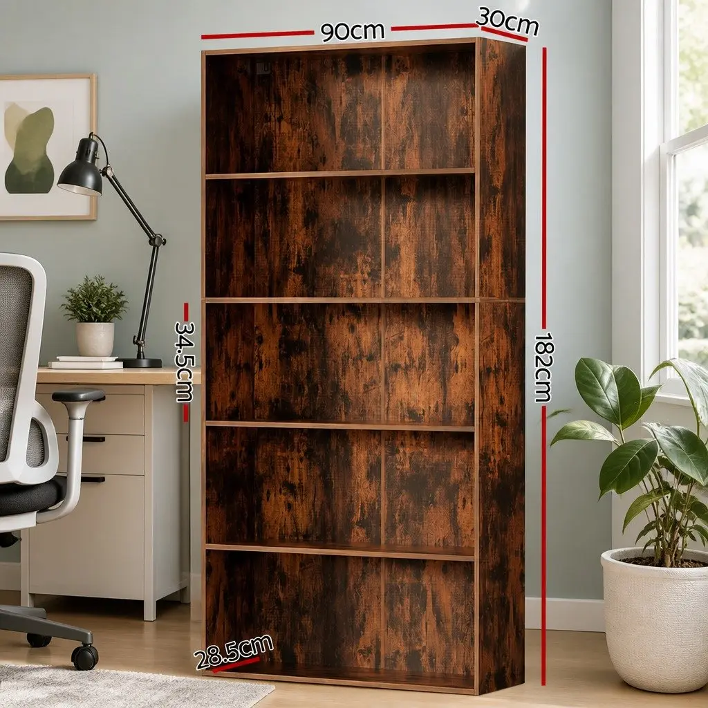 5-Tier Brown Bookshelf for Living Room Display