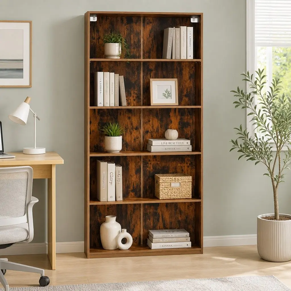 5-Tier Brown Bookshelf for Living Room Display