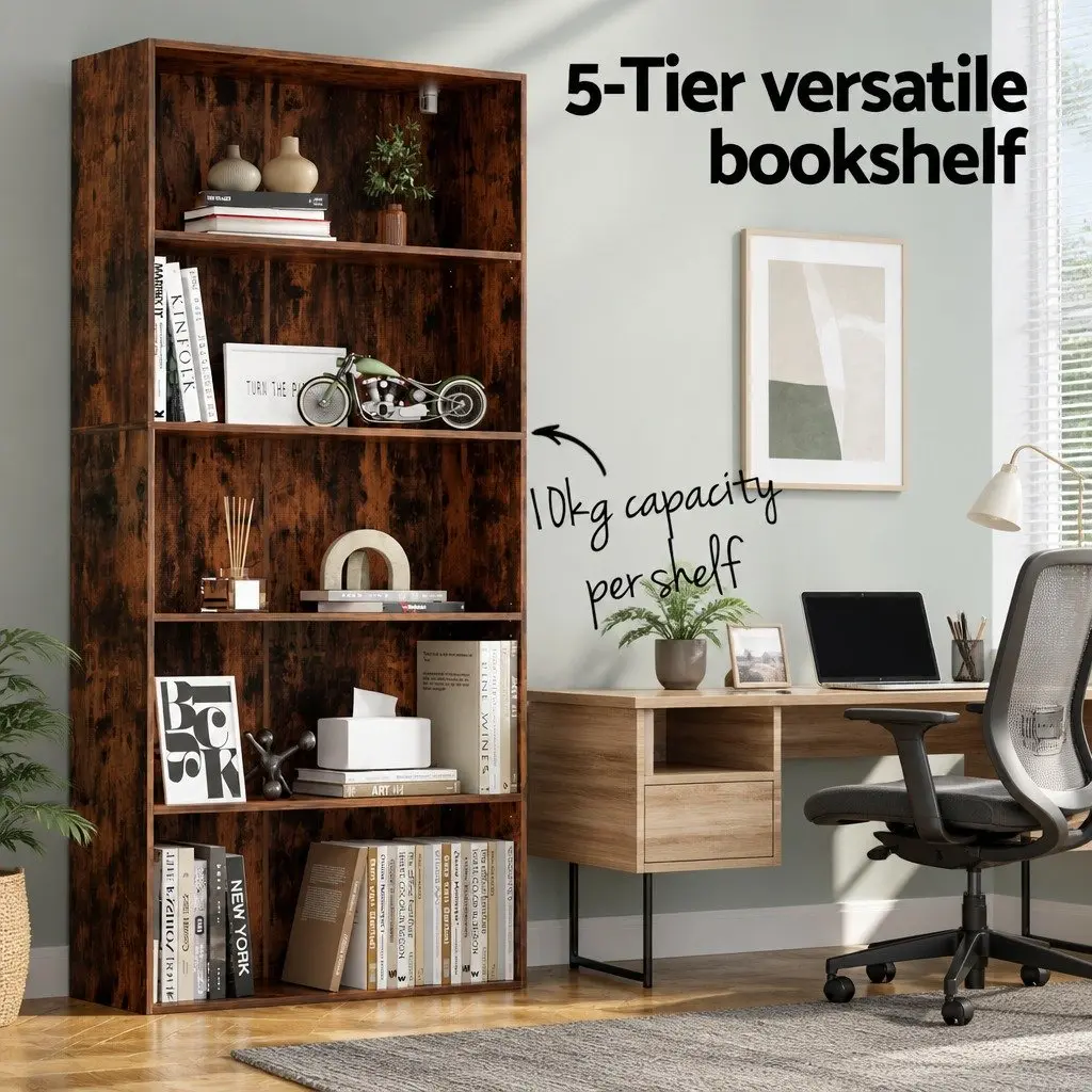 5-Tier Brown Bookshelf for Living Room Display