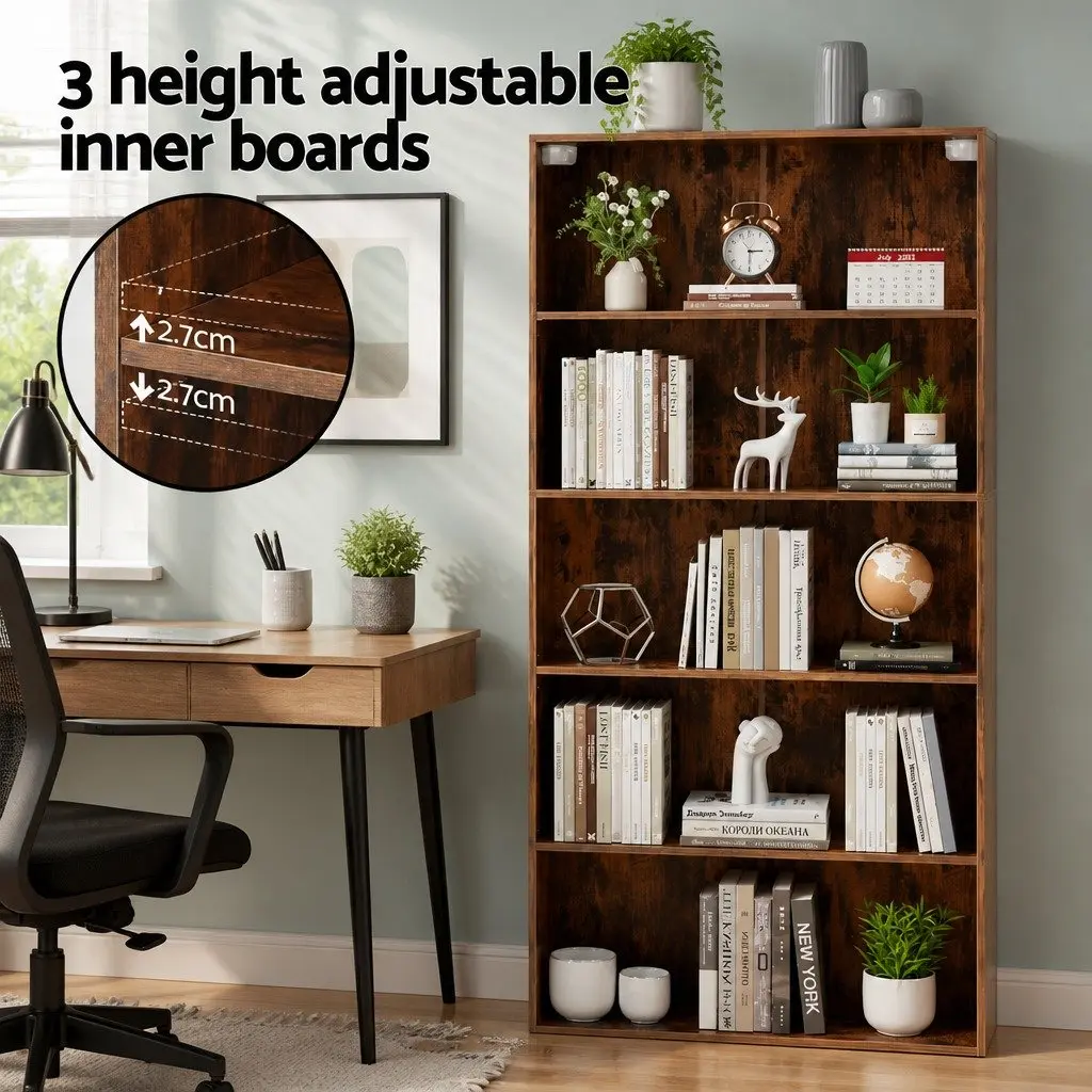 5-Tier Brown Bookshelf for Living Room Display