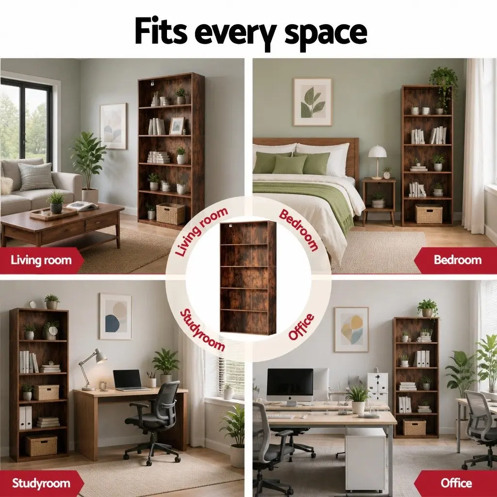 5-Tier Brown Bookshelf for Living Room Display